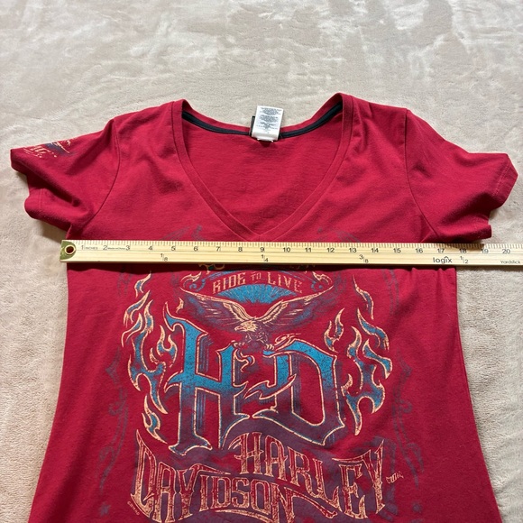 Women’s Large Harley-Davidson Red V-Neck Graphic Tee Biker Streetwear Grunge - Picture 8 of 11